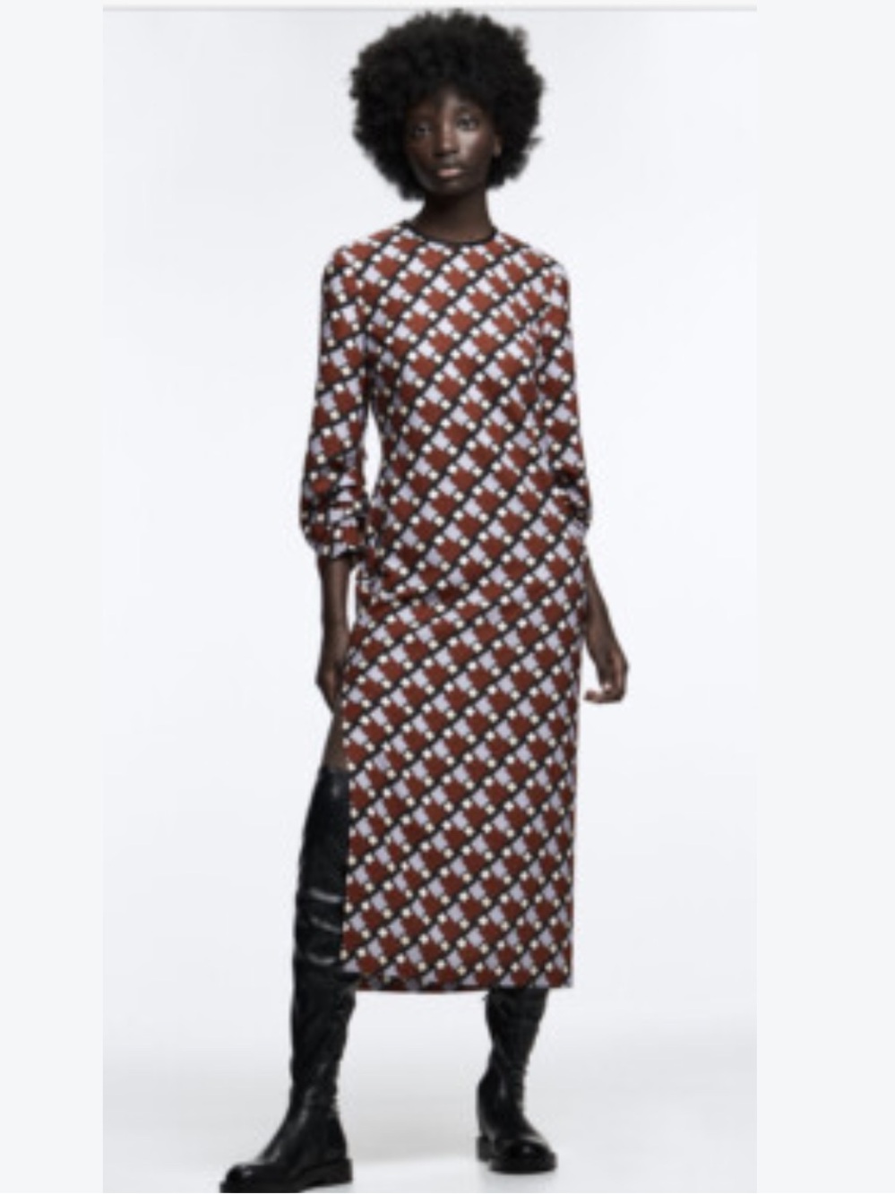 Zara Women’s Geometric Print Long Sleeve Midi Dress - Burgundy/Pink Large